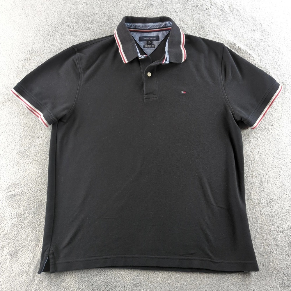 Tommy Hilfiger Polo Shirt Mens‎ Large Black Performance Pique Flag Logo Collar